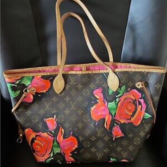 LOUIS VUITTON Louis Vuitton Monogram Canvas Steven Sprouse Roses Neverfull  MM Bag, Brown Women's Handbag